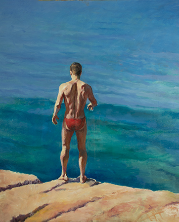 Painting of man, rocks and sea